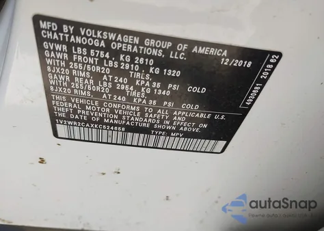 2019 Volkswagen Atlas 3.6L V6 Se W/Technology z USA, uszkodzony, nr VIN 1V2WR2CAXKC524658